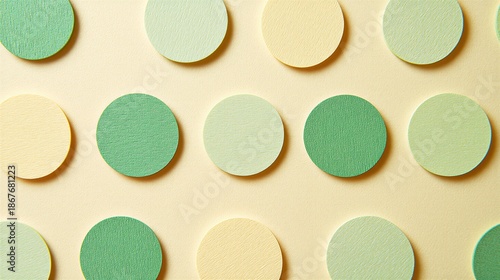 Clean grid pattern of green and yellow textured paper circles on a pale yellow background, perfect for simple minimalist wallpaper.