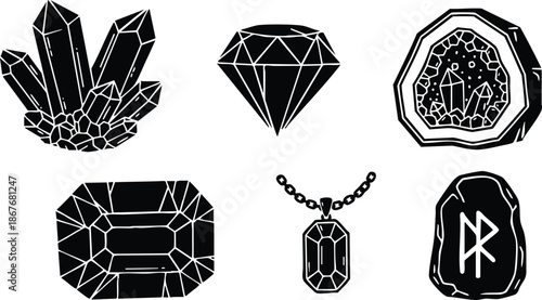 Line art gemstone and crystal icon set close up angled clustered quartz faceted diamond emerald cut rectangular gem geode pendant and rune stone silhouette