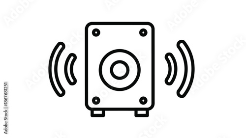 Simple black and white line drawing of a speaker emitting sound waves
