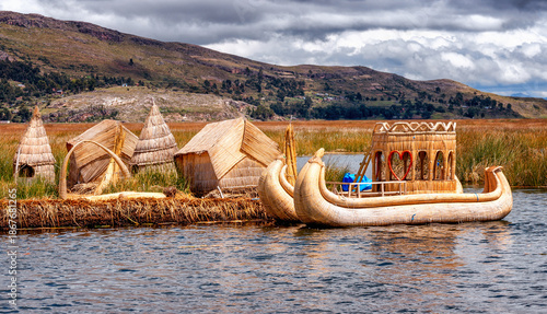 Traditional village on floating islands on lake Titicaca in Peru