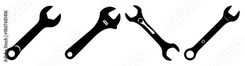 Set of black silhouette wrench tools for mechanical work and repair services on white background Vector