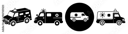 Collection of monochrome ambulance icons representing emergency medical transport services Vector