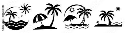 Tropical beach vacation silhouettes with palm trees, sun, waves and umbrellas Vector