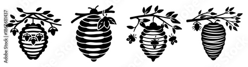 Stylized black and white illustrations of various bee skeps suspended from leafy branches Vector