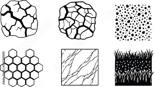 Line art texture icon set close up cracked earth cracked stone honeycomb hexagon marble veins dotted pattern grass turf square tile seamless vector illustrations black outline