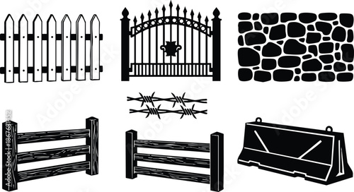 Silhouette vector icon set showing picket wooden fence iron gate stone wall barbed wire and concrete barrier isolated on white minimal flat design side perspective collection