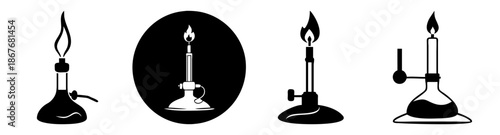 Collection of various laboratory burners and heating equipment with flames illustrated Vector