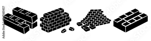 Isometric black silhouette brick icon set illustrating construction and building elements Vector