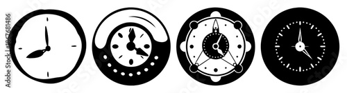 Four distinctive black and white circular clock icons representing diverse time display designs Vector