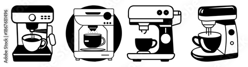 Collection of various coffee machines brewing fresh beverages, perfect for caffeine lovers Vector