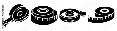 Collection of measuring tape icons in various states of use, showing essential tools for crafts and construction Vector