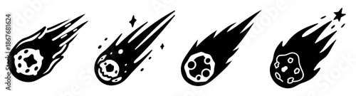 Stylized illustrations of various meteors or comets with fiery trails in a simple graphic Vector