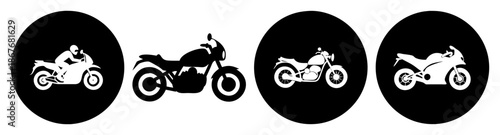 Dynamic collection of motorcycle silhouettes and icons showcasing different bike types Vector
