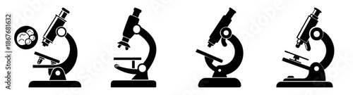 Collection of diverse silhouette microscope icons representing scientific research and laboratory tools Vector