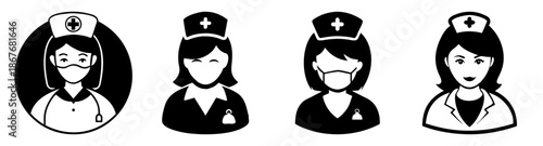 A collection of black and white nurse icons symbolizing healthcare and medical professionals Vector