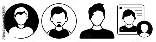 Modern black and white vector icons representing diverse user profiles and avatar options Vector
