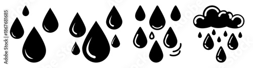 Collection of water drops and rain cloud icons representing different weather conditions Vector