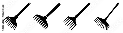 Four distinct black silhouettes of garden rakes symbolizing agricultural and gardening tools Vector