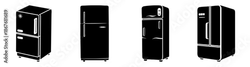 A collection of black refrigerators showcasing diverse modern and minimalist designs Vector