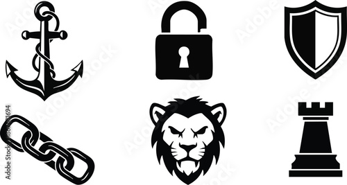 Flat design black silhouette nautical anchor lock shield chain lion head chess rook icon set arranged three by two grid close up center composition high contrast