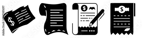 Collection of financial icons illustrating bills, receipts, invoices, and legal documents Vector
