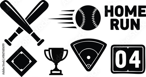 Flat design close up crossed bats and flying baseball with home run text diamond base trophy infield scoreboard number four minimalist black vector sports icons set