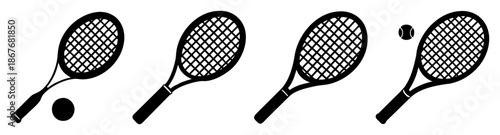 Set of four minimalist tennis racket and ball icons in black silhouette design Vector