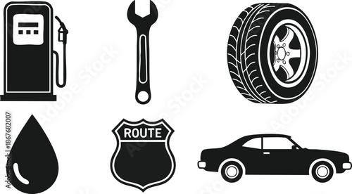 Flat design close up automotive service icon set featuring gas pump wrench tire oil drop route shield and classic car silhouette in black and white vector
