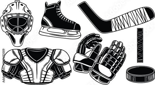 Line art vector close up display of hockey equipment including goalie mask skate stick puck gloves shoulder pads chest protector in bold black outline isolated flat