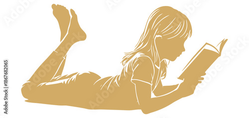 Vector silhouette illustration of a girl reading a book while lying on her stomach.