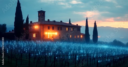 Serene Vineyard at Dusk with Glowing Lights