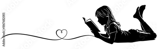 Vector silhouette illustration of a girl reading a book while lying on her stomach with heart shape
