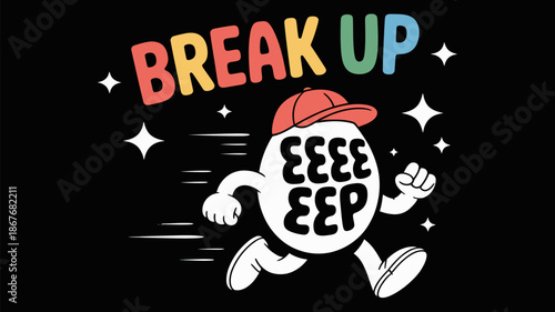 Cartoon egg character with sad face and “Break Up” text on black background, decorated with sparkles, designed for digital illustrations, emotional concepts, social media, and humorous graphics