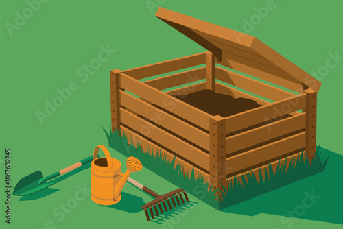 A wooden compost bin with gardening tools on a green background