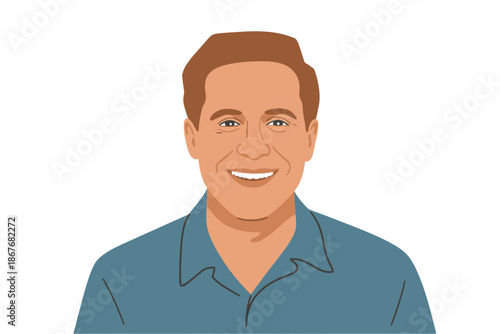 A smiling cartoon man wearing a blue collared shirt on a white background