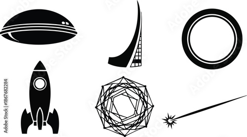Flat design space icon set showing rocket ufo comet shield geometric emblem and ring in simple black on white layout for logos branding web ui