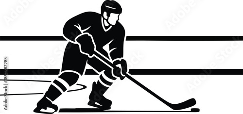 Flat design close up side view hockey player taking a wrist shot with stick and puck on rink boards black and white silhouette dynamic motion blur