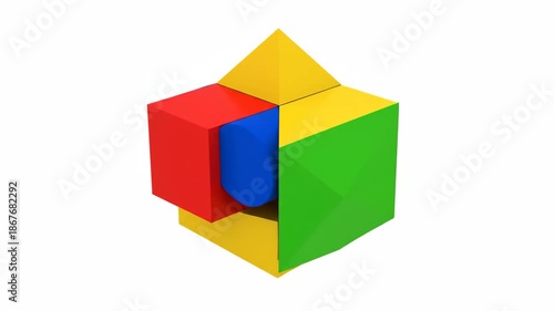 Colorful 3D Geometric Shapes Assembling on White Background.