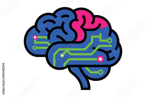 A colorful illustration of a brain with circuit board lines and pink accents on a white background