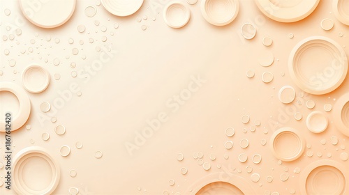 Dreamy 3D composition of cream rings and bubble shapes, providing a clean and luxury textured background for beauty or tech.