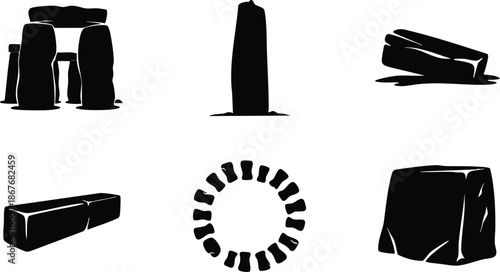 Minimalist vector silhouette low angle close up of standing stones and stone circle including dolmen menhir and trilithon on white background high contrast stark composition dramatic