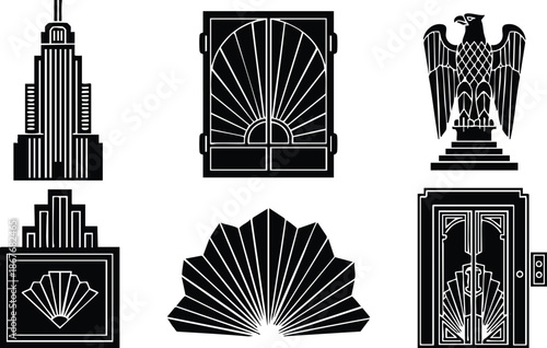 Art deco vector set of architectural icons eagle doors sunburst fan elevator panel geometric ornament close up black silhouette isolated decorative motifs facade gate window emblem