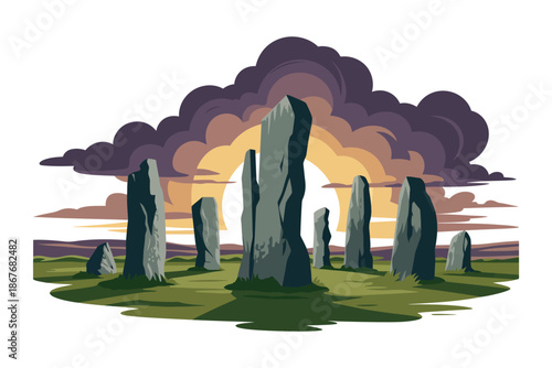 An illustration of the Callanish Stones on the Isle of Lewis in Scotland at sunset