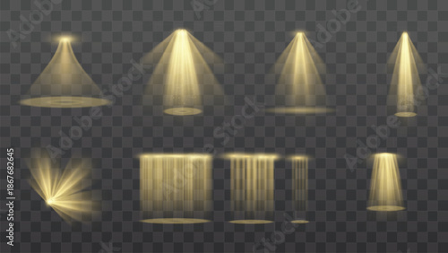 Set of various bright stage spotlights shining light on transparent dark checkered background vector