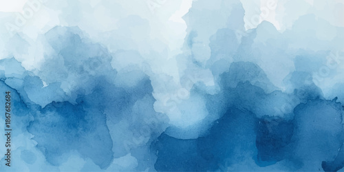 Abstract blue watercolor background with a grunge ice texture featuring soft white clouds and light smoke across a vintage paper atmosphere under a bright nature sky