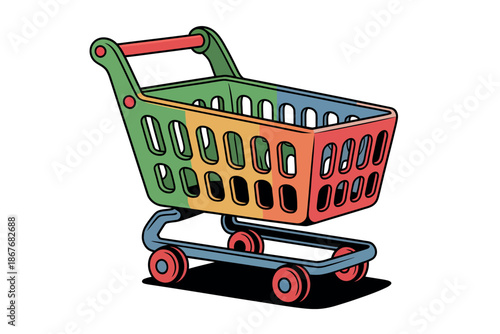 A colorful shopping cart on wheels against a white background