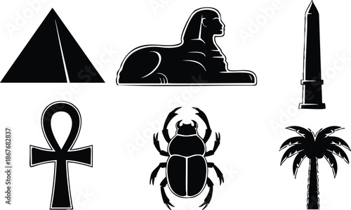Flat silhouette vector icons of ancient egypt symbols arranged in grid with pyramid sphinx obelisk ankh scarab and palm tree black on white minimal bold contrast