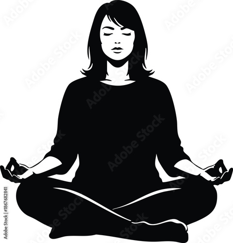 Flat silhouette vector art frontal meditating woman sitting cross legged in lotus pose with hands in mudra eyes closed minimal black and white calm composition centered