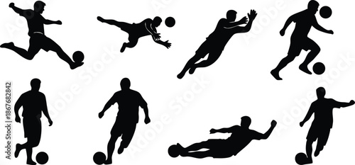Minimalist silhouette soccer players set in varied actions kicking diving sliding dribbling and goalkeeping isolated vector icons in black on white high contrast dynamic motion sports