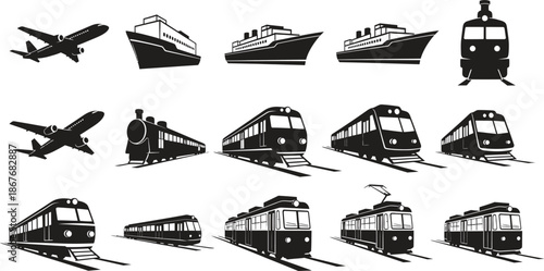 Collection of transportation vehicle icons including airplanes boats trains and subways